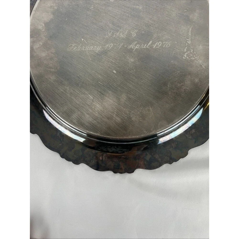 Vintage Silver-Plated Serving Tray Round Ornate Rim Engraved April 1976